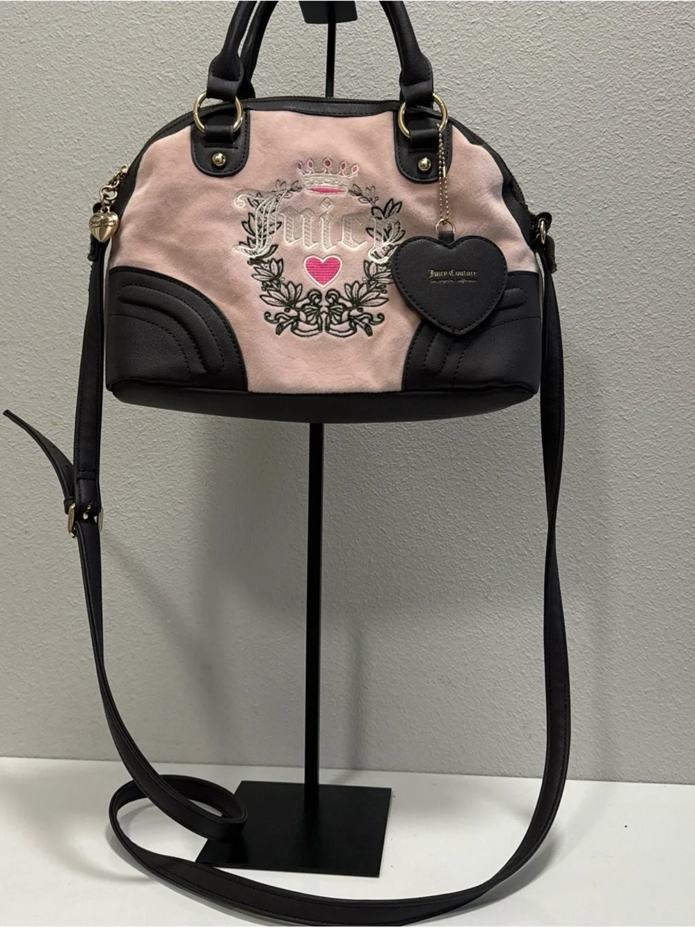 Juicy Couture Pink and Black Crest Satchel with Heart Charm